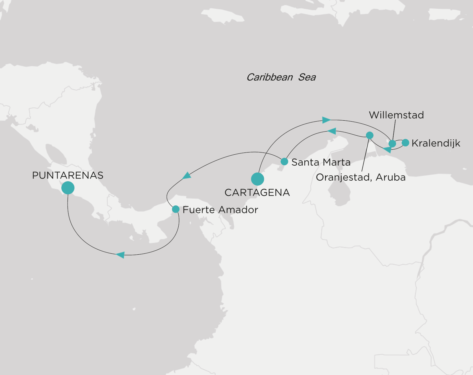 Crystal Serenity voyage CSE-010-261202 itinerary map from Cartagena to Puntarenas