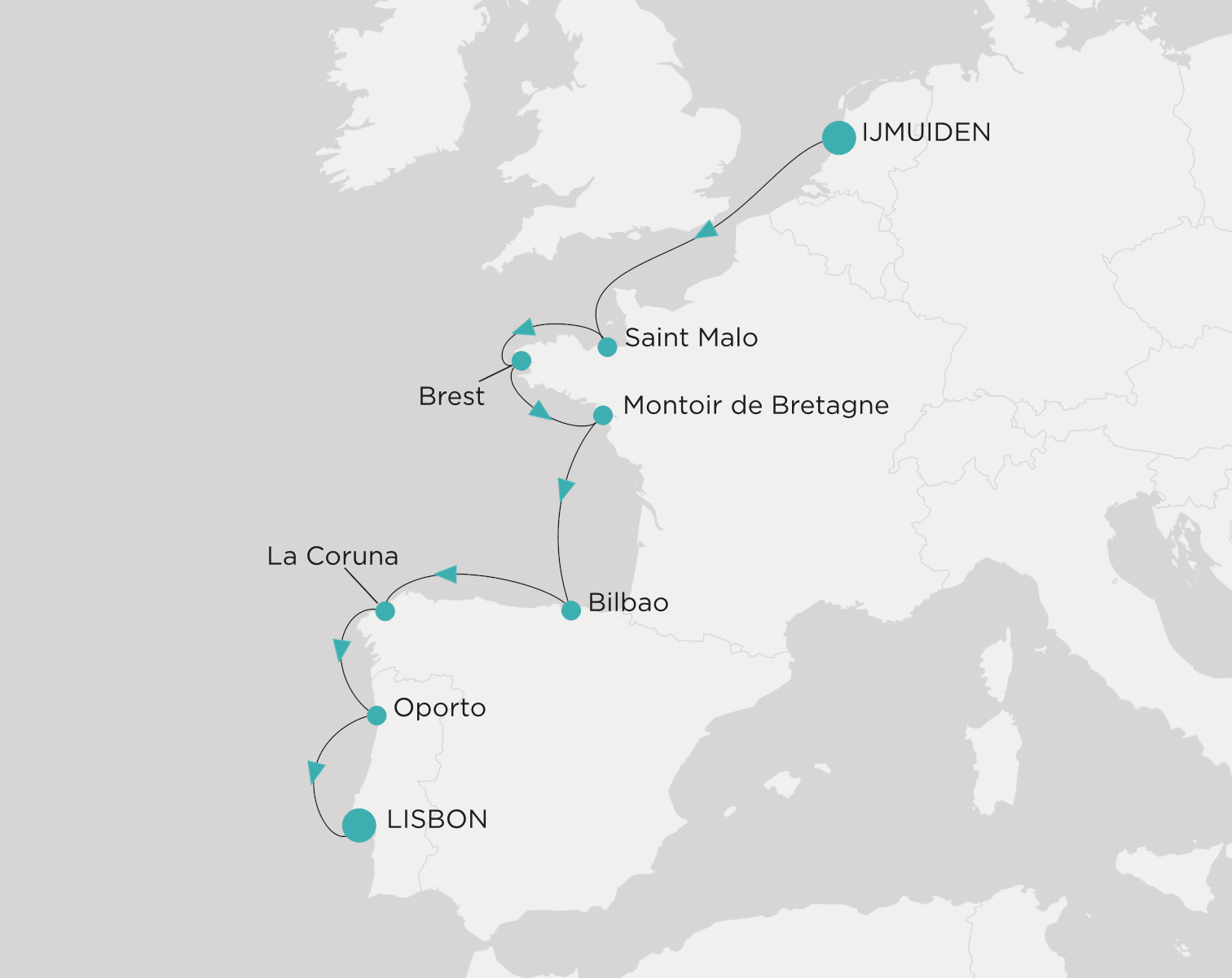 Crystal Serenity voyage CSE-011-260803 itinerary map from Ijmuiden (Amsterdam) to Lisbon
