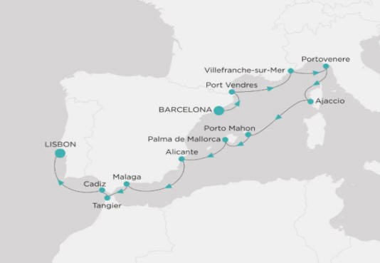Crystal Serenity CSE-012-260615 official itinerary map from Barcelona to Lisbon