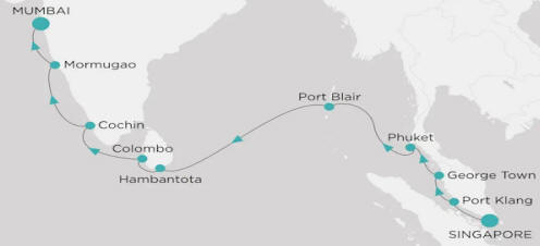 Crystal Serenity CSE-015-260411 official itinerary map from Singapore to Mumbai