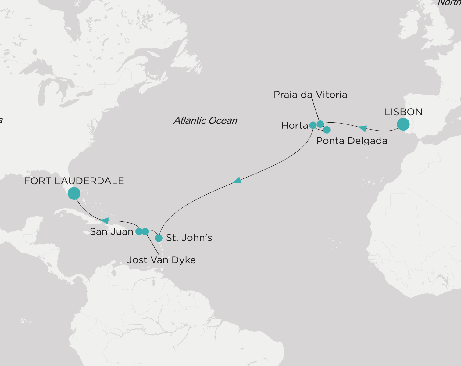 Crystal Serenity voyage CSE-015-261108 itinerary map from Lisbon to Fort Lauderdale