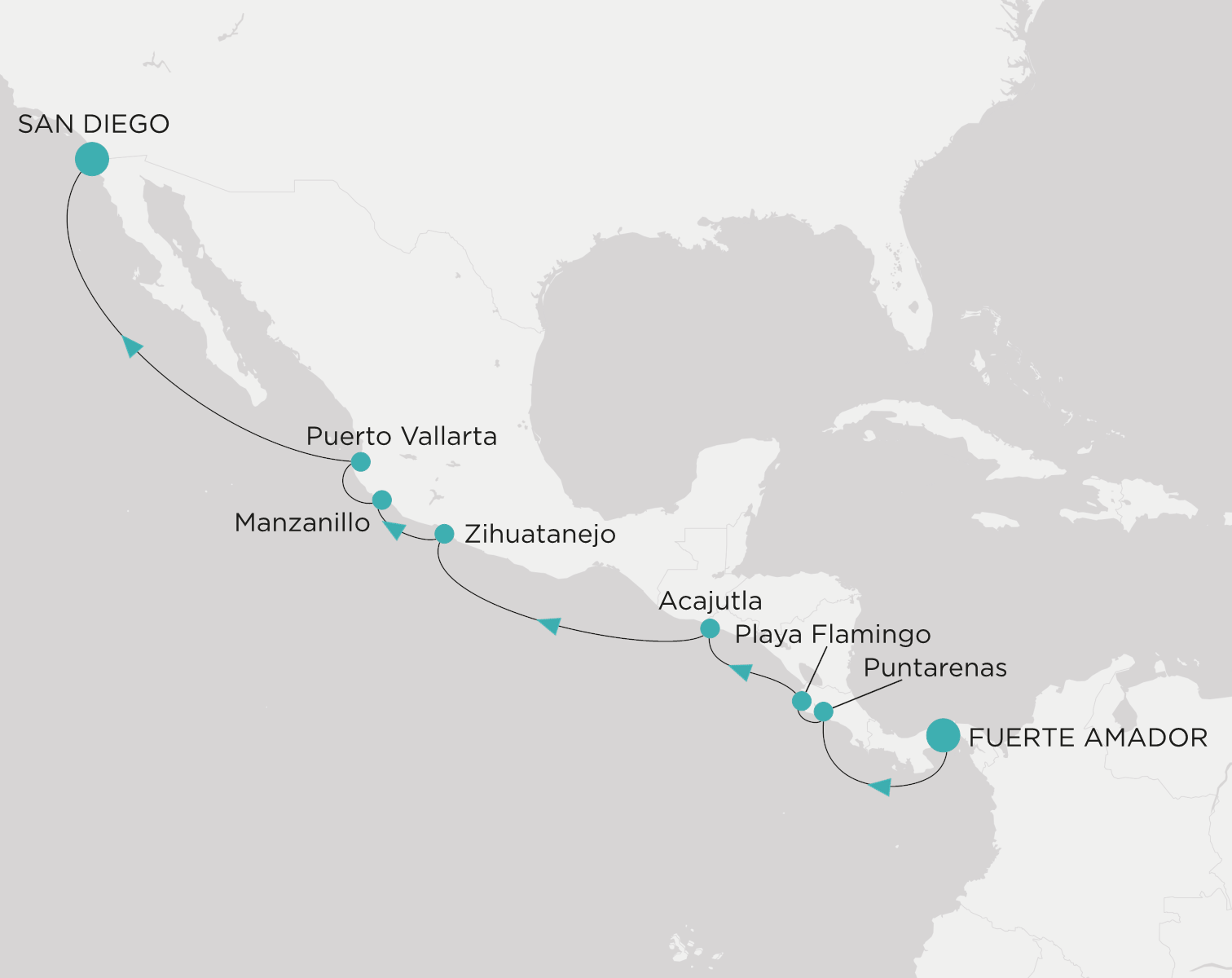 Crystal Serenity CSE-C11-261210 official itinerary map from Fuerte Amador (Panama City) to San Diego