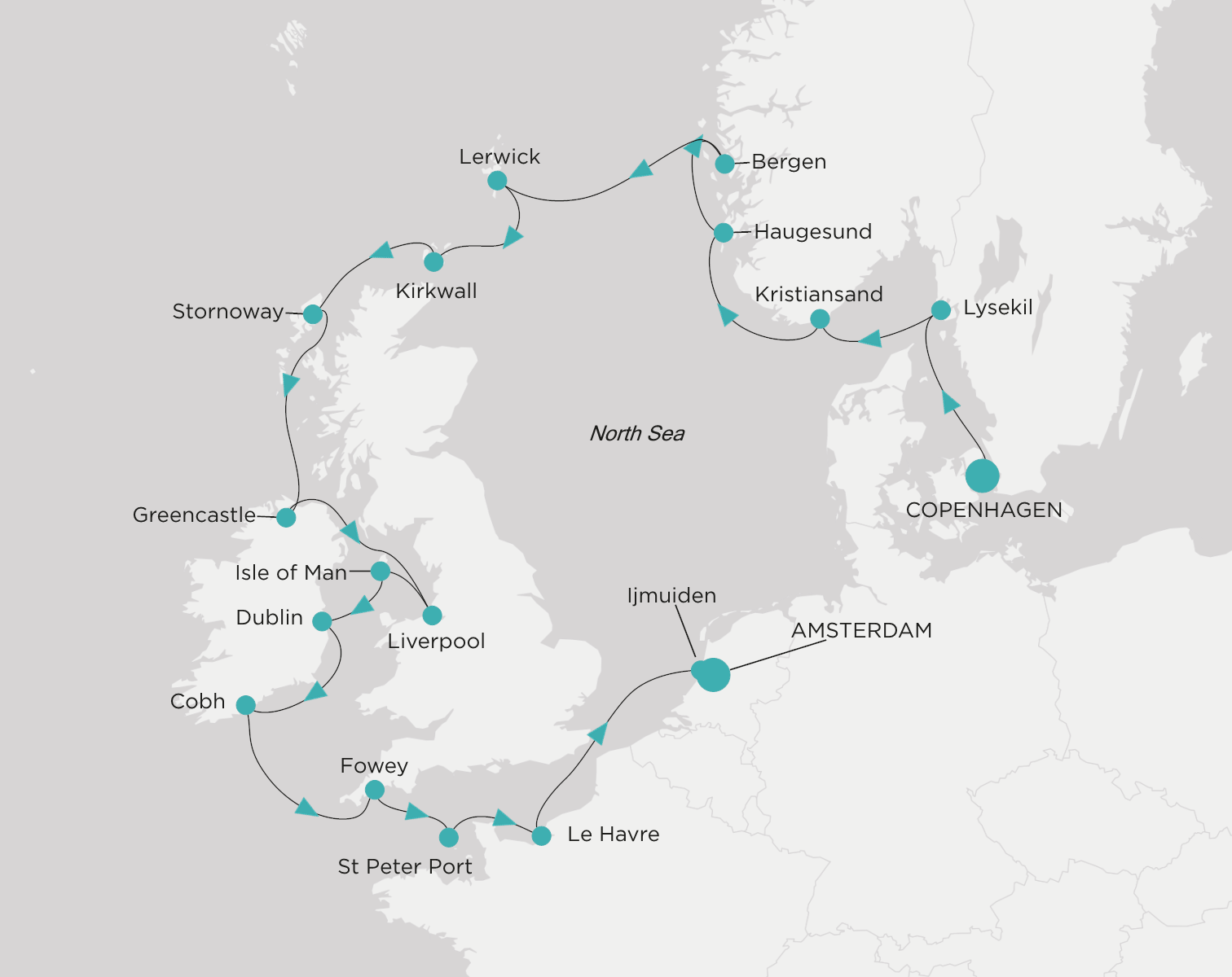 Crystal Serenity voyage CSE-C18-260716 itinerary map from Copenhagen to Ijmuiden (Amsterdam)