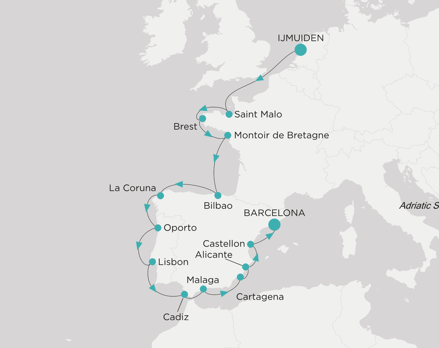 Crystal Serenity voyage CSE-C18-260803 itinerary map from Ijmuiden (Amsterdam) to Barcelona