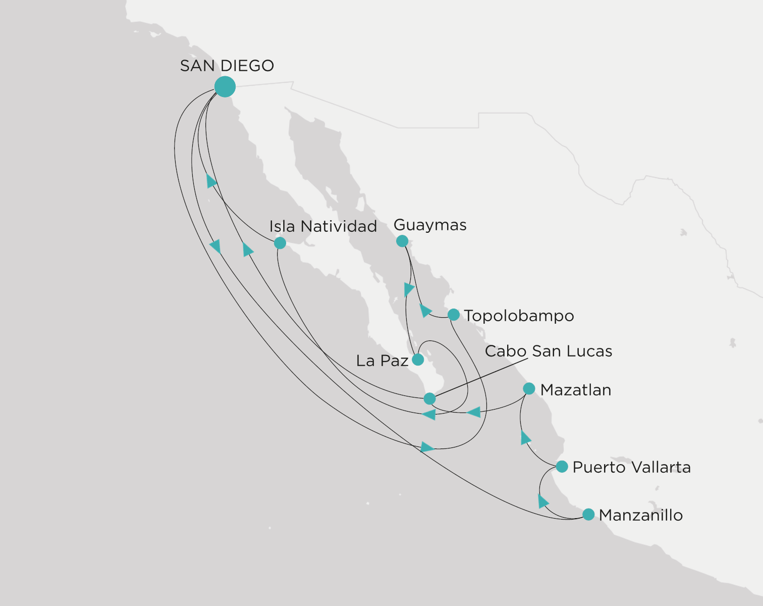 Crystal Serenity voyage CSE-C18-261221 itinerary map from San Diego to San Diego