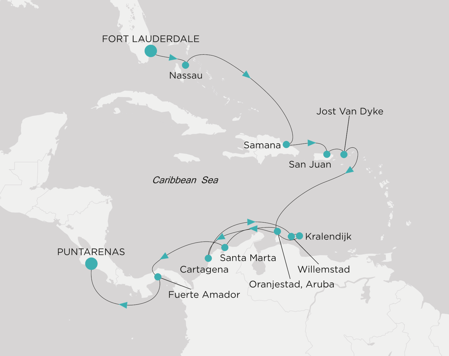 Crystal Serenity voyage CSE-C19-261123 itinerary map from Fort Lauderdale to Puntarenas