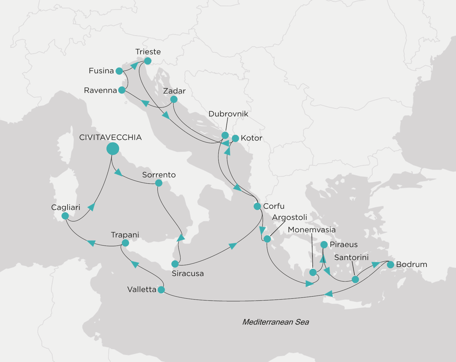 Crystal Serenity voyage CSE-C23-260830 itinerary map from Civitavecchia (Rome) to Civitavecchia (Rome)