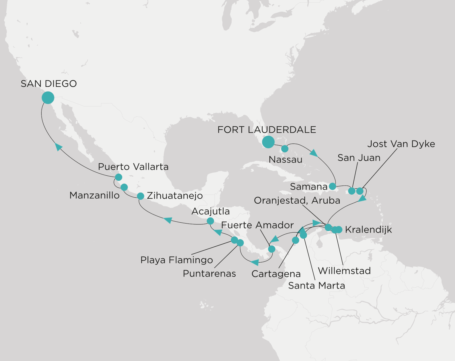Crystal Serenity voyage CSE-C28-261123 itinerary map from Fort Lauderdale to San Diego