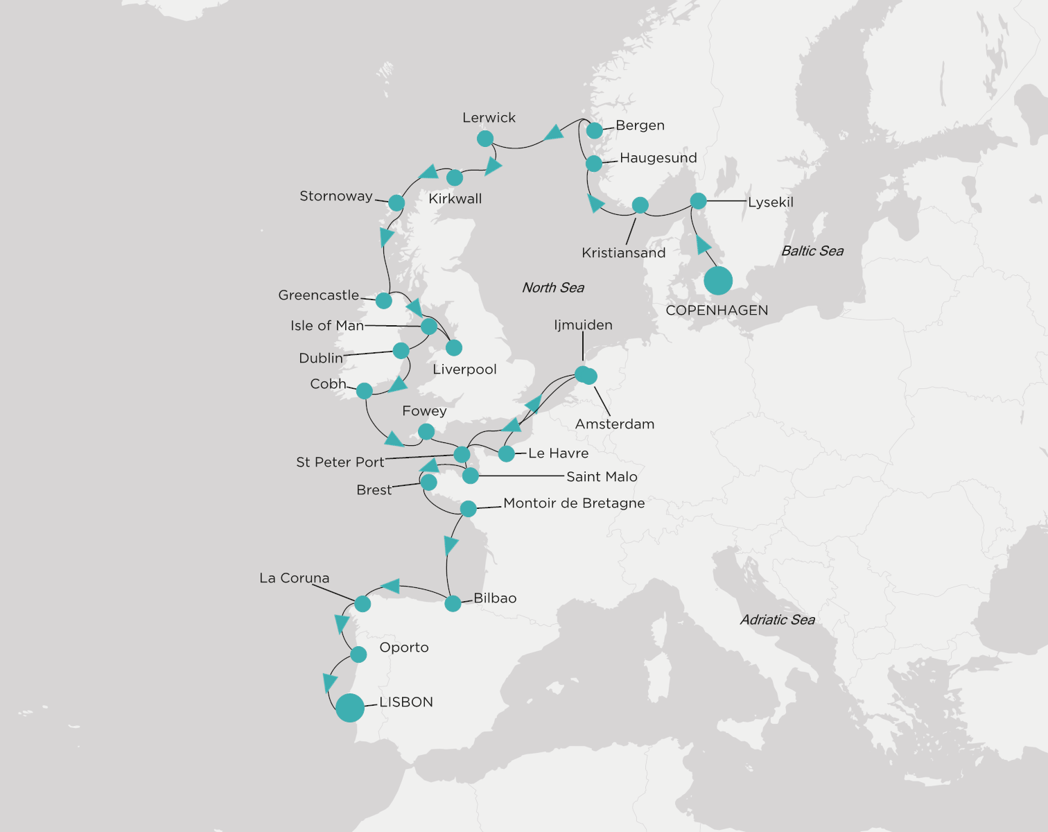 Crystal Serenity voyage CSE-C29-260716 itinerary map from Copenhagen to Lisbon