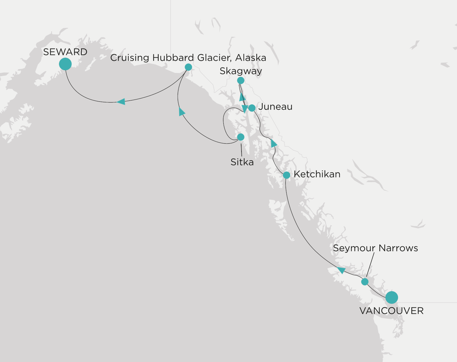 Crystal Serenity voyage CSE-007-270607 itinerary map from Vancouver to Seward (Anchorage, Alaska)