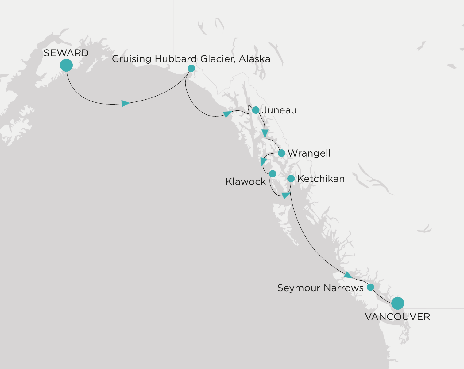 Crystal Serenity voyage CSE-007-270614 itinerary map from Seward (Anchorage, Alaska) to Vancouver