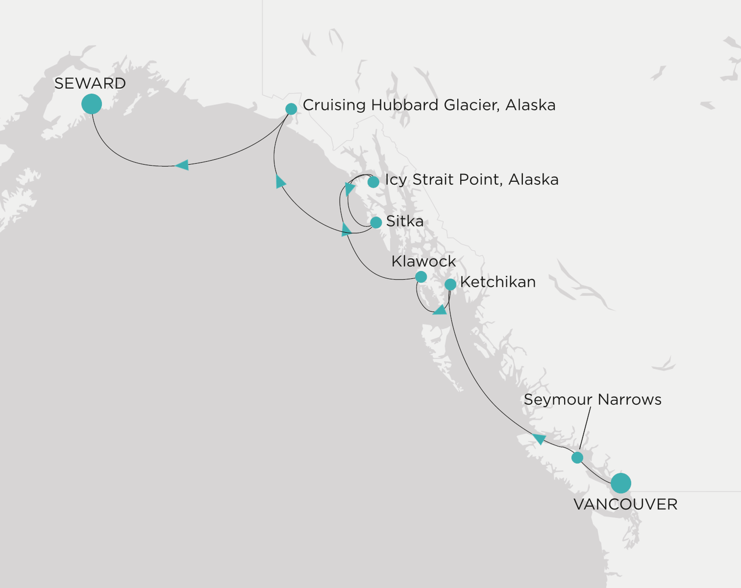Crystal Serenity voyage CSE-007-270712 itinerary map from Vancouver to Seward (Anchorage, Alaska)