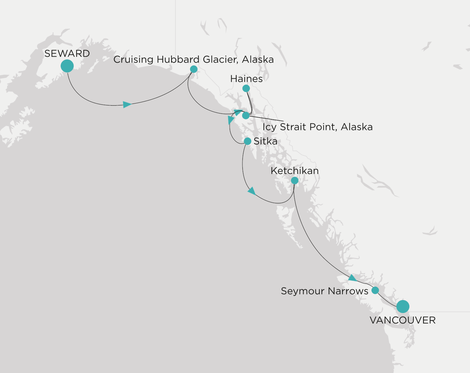 Crystal Serenity voyage CSE-007-270719 itinerary map from Seward (Anchorage, Alaska) to Vancouver
