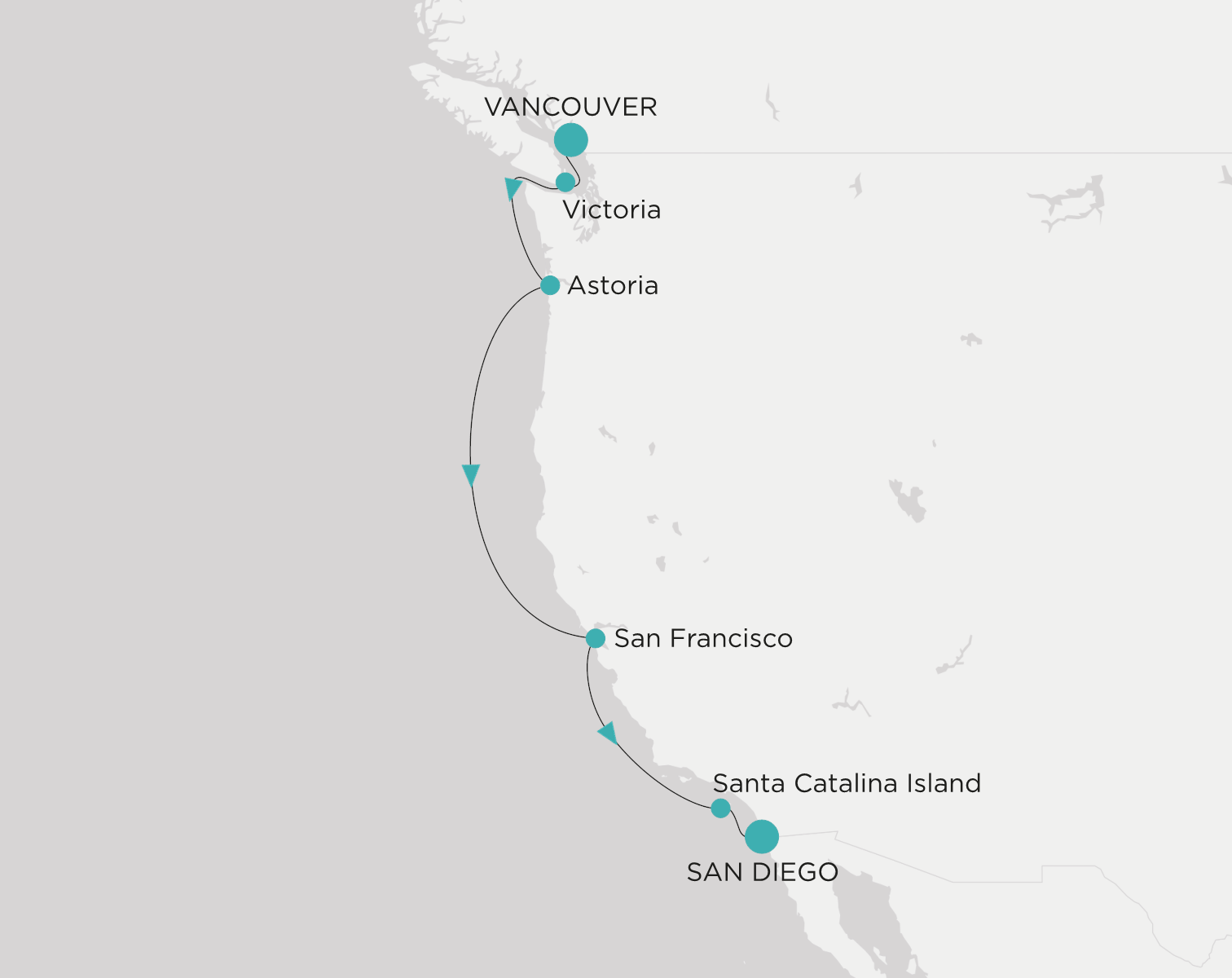 Crystal Serenity voyage CSE-007-270802 itinerary map from Vancouver to San Diego