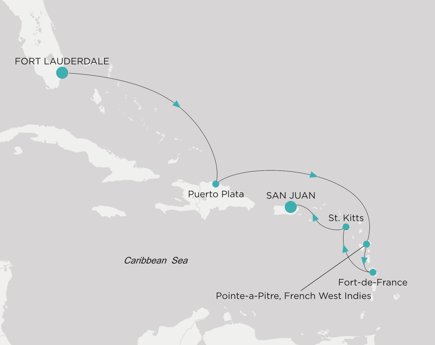 Crystal Serenity voyage CSE-007-271222 itinerary map from Fort Lauderdale to San Juan