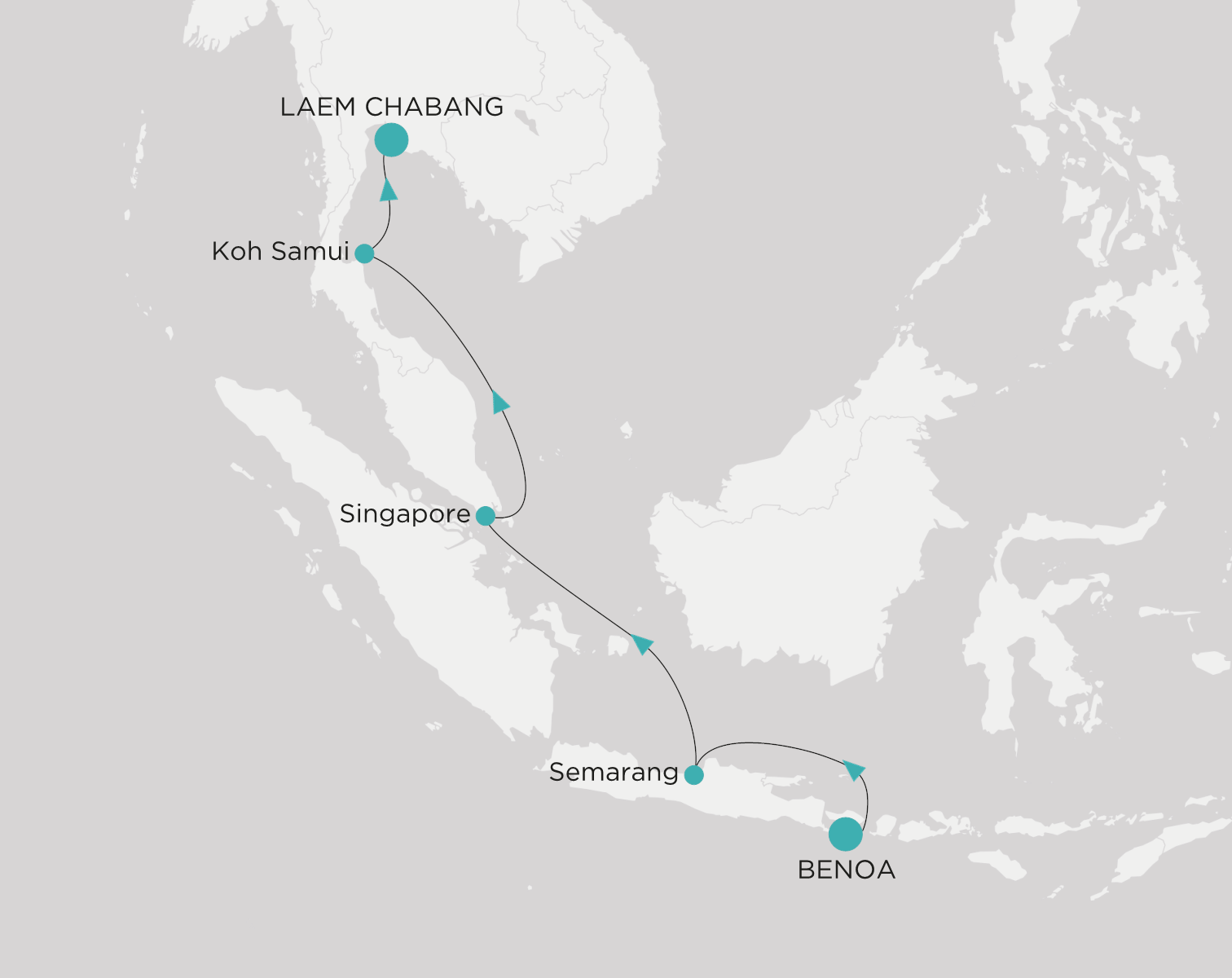 Crystal Serenity voyage CSE-009-270401 itinerary map from Benoa (Bali) to Laem chabang (Bangkok)