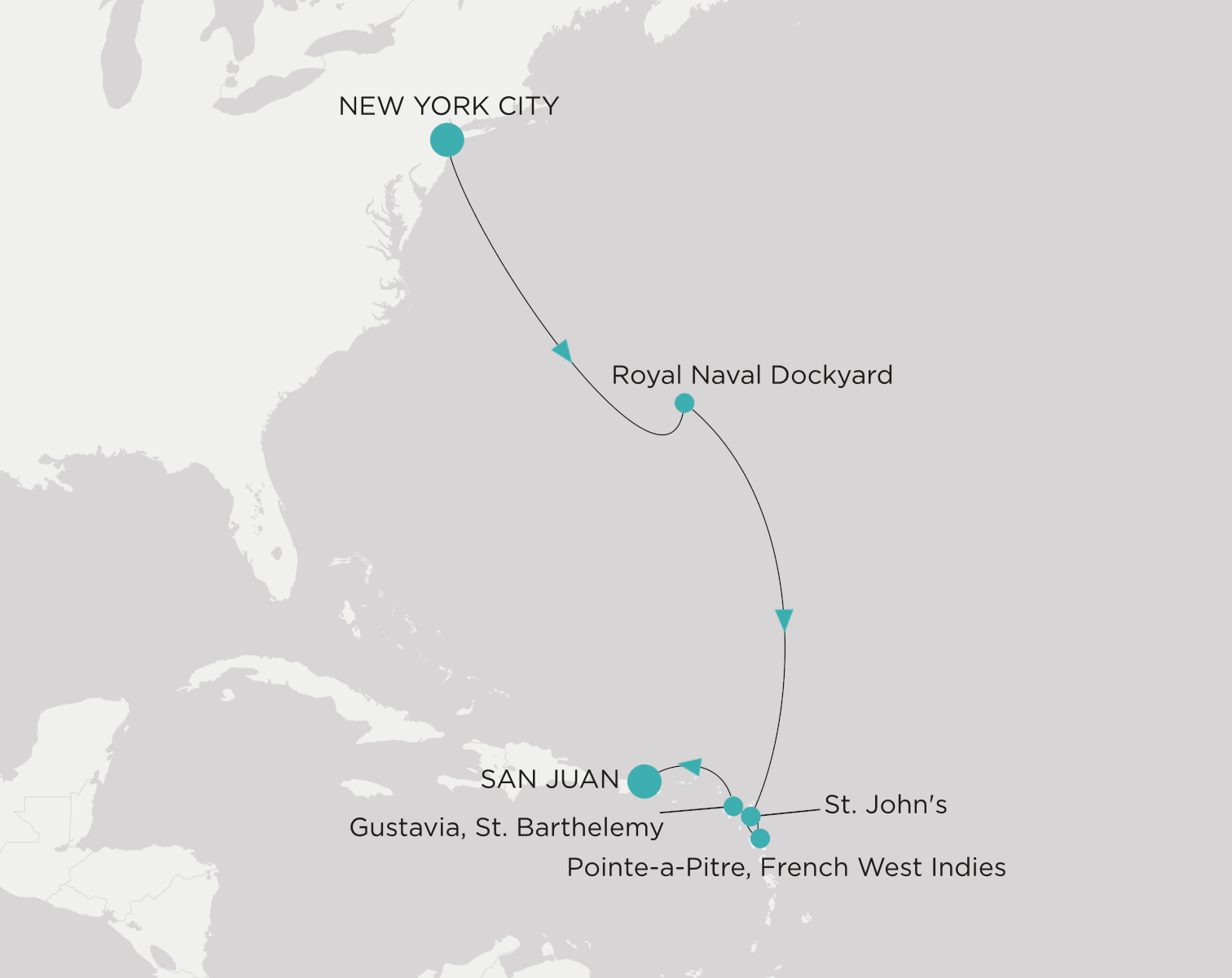 Crystal Serenity voyage CSE-009-271012 itinerary map from New York City to San Juan