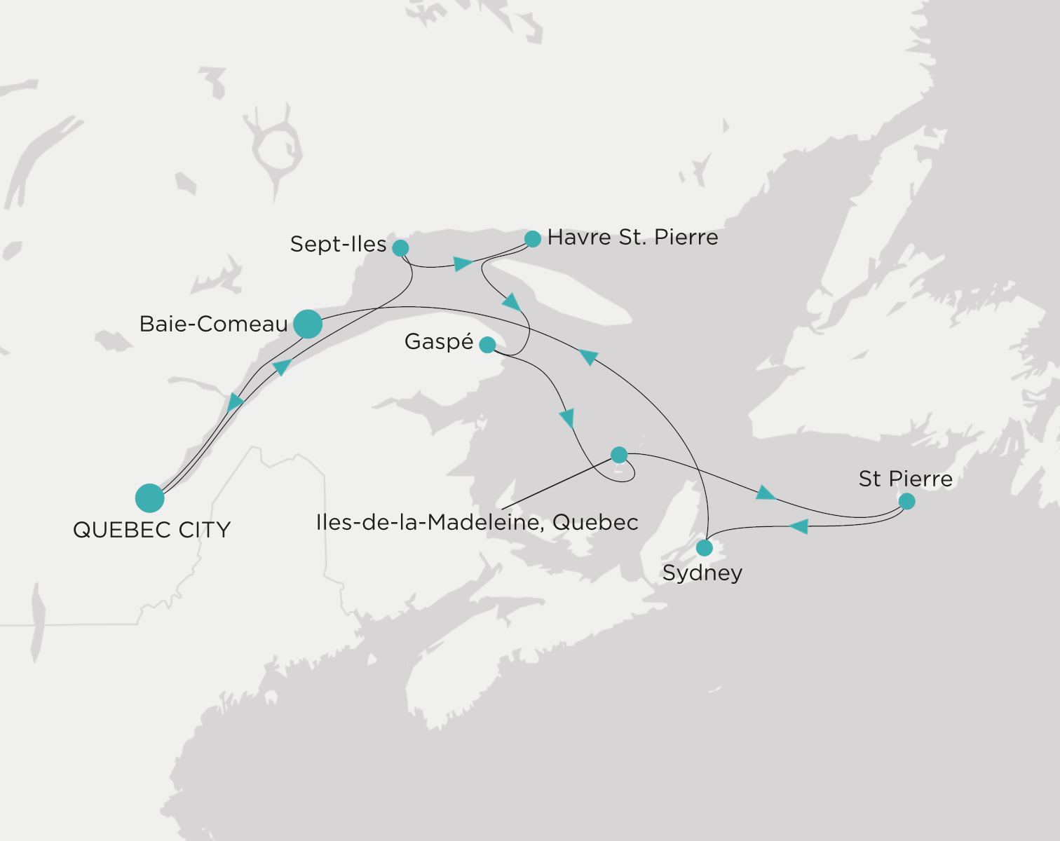 Crystal Serenity voyage CSE-010-270921 itinerary map from Quebec City to Quebec City