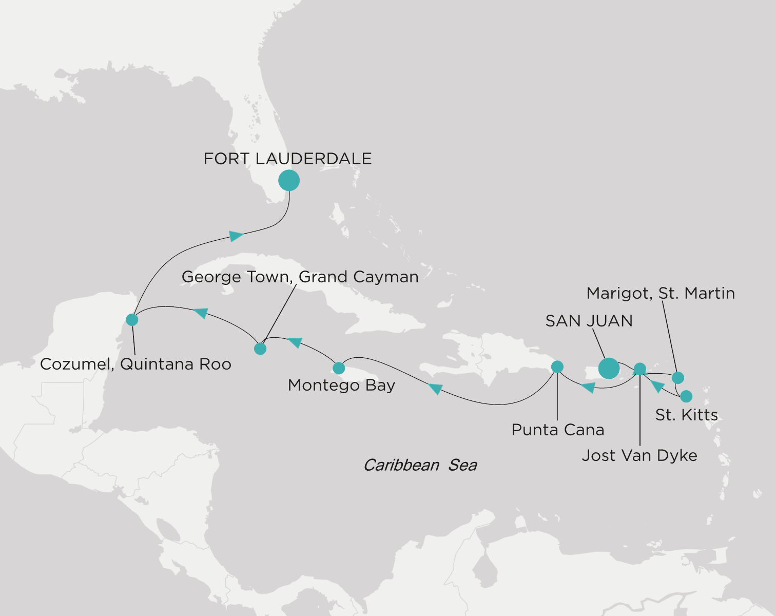 Crystal Serenity voyage CSE-010-271229 itinerary map from San Juan to Fort Lauderdale