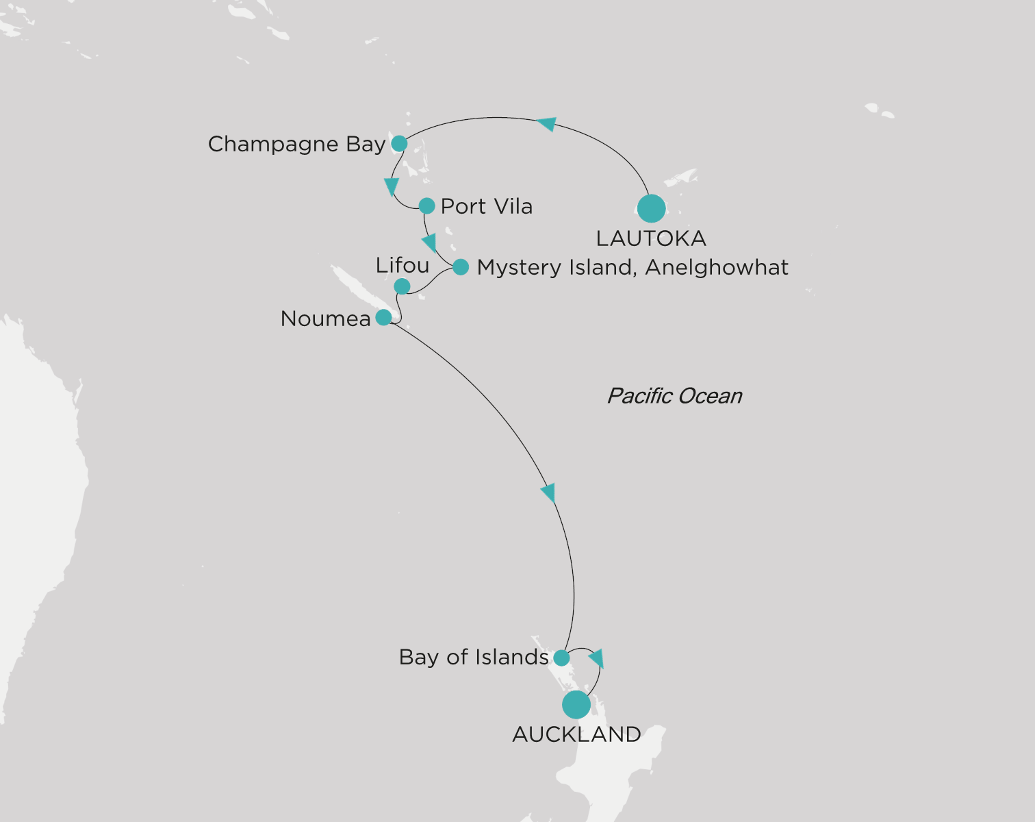 Crystal Serenity voyage CSE-011-270220 itinerary map from Lautoka to Auckland