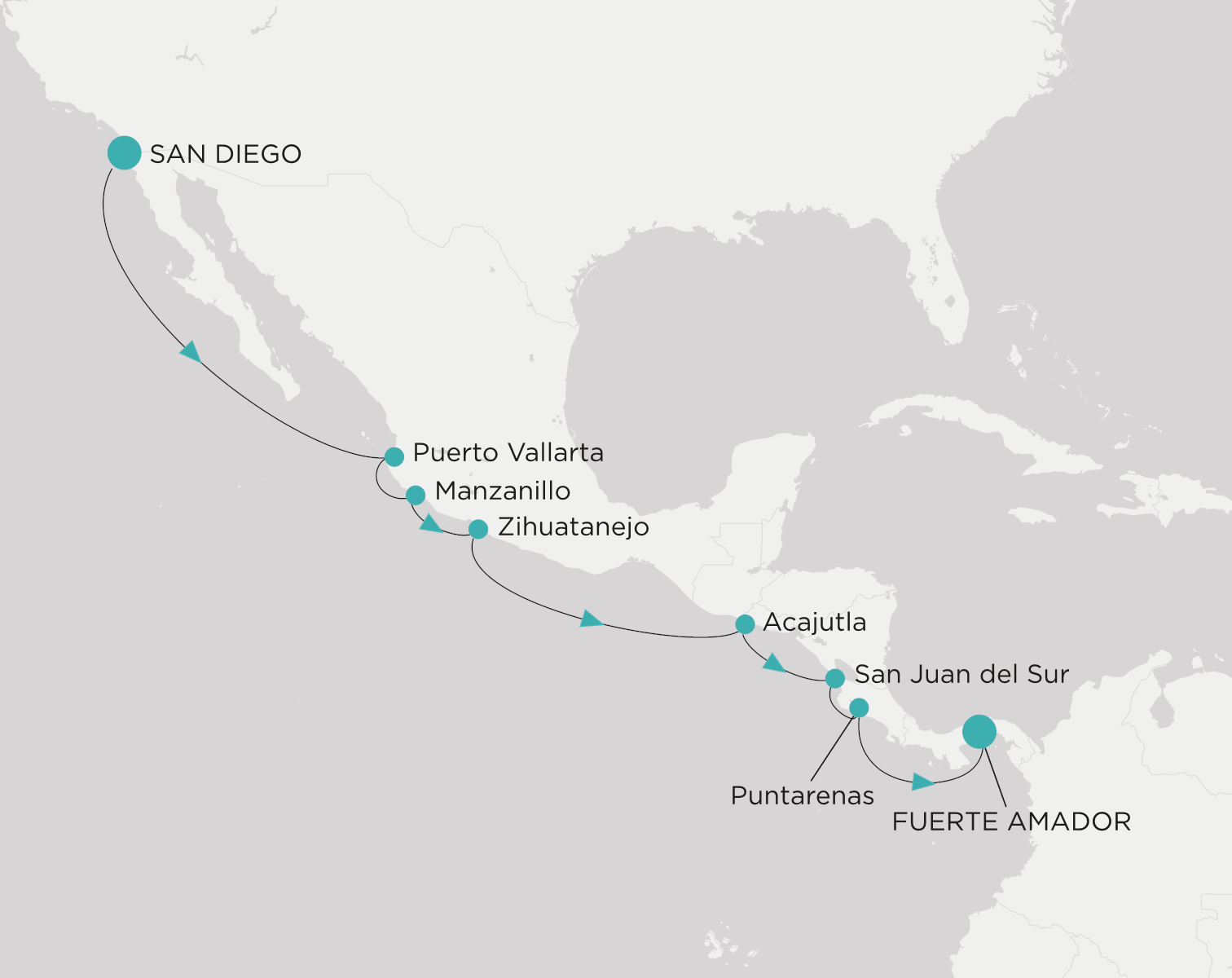 Crystal Serenity voyage CSE-011-270809 itinerary map from San Diego to Fuerte Amador