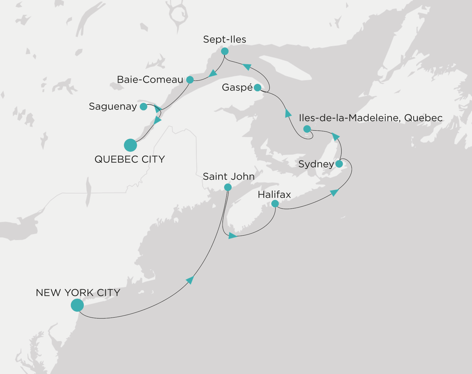 Crystal Serenity voyage CSE-011-270910 itinerary map from New York City to Quebec City