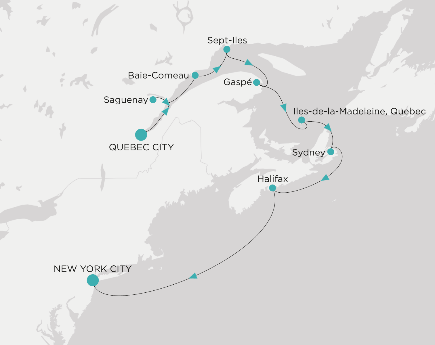 Crystal Serenity voyage CSE-011-271001 itinerary map from Quebec City to New York City