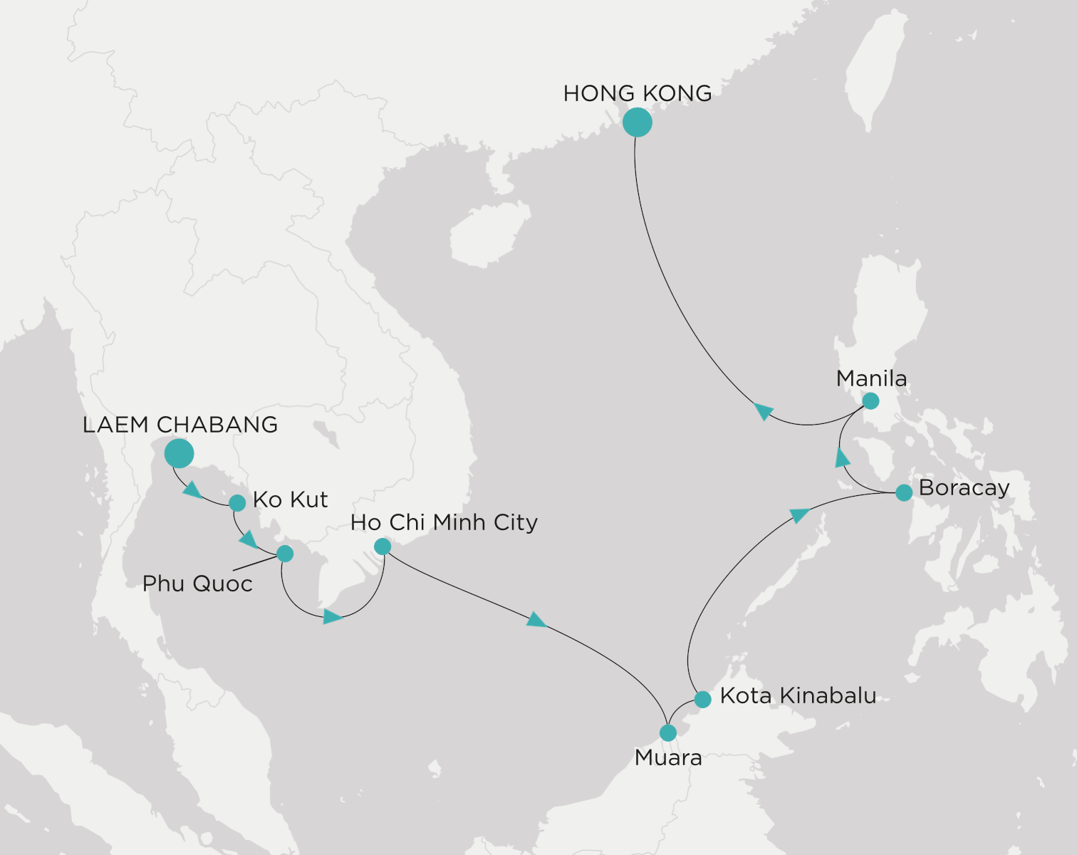 Crystal Serenity voyage CSE-013-270410 itinerary map from Laem chabang (Bangkok) to Hong Kong