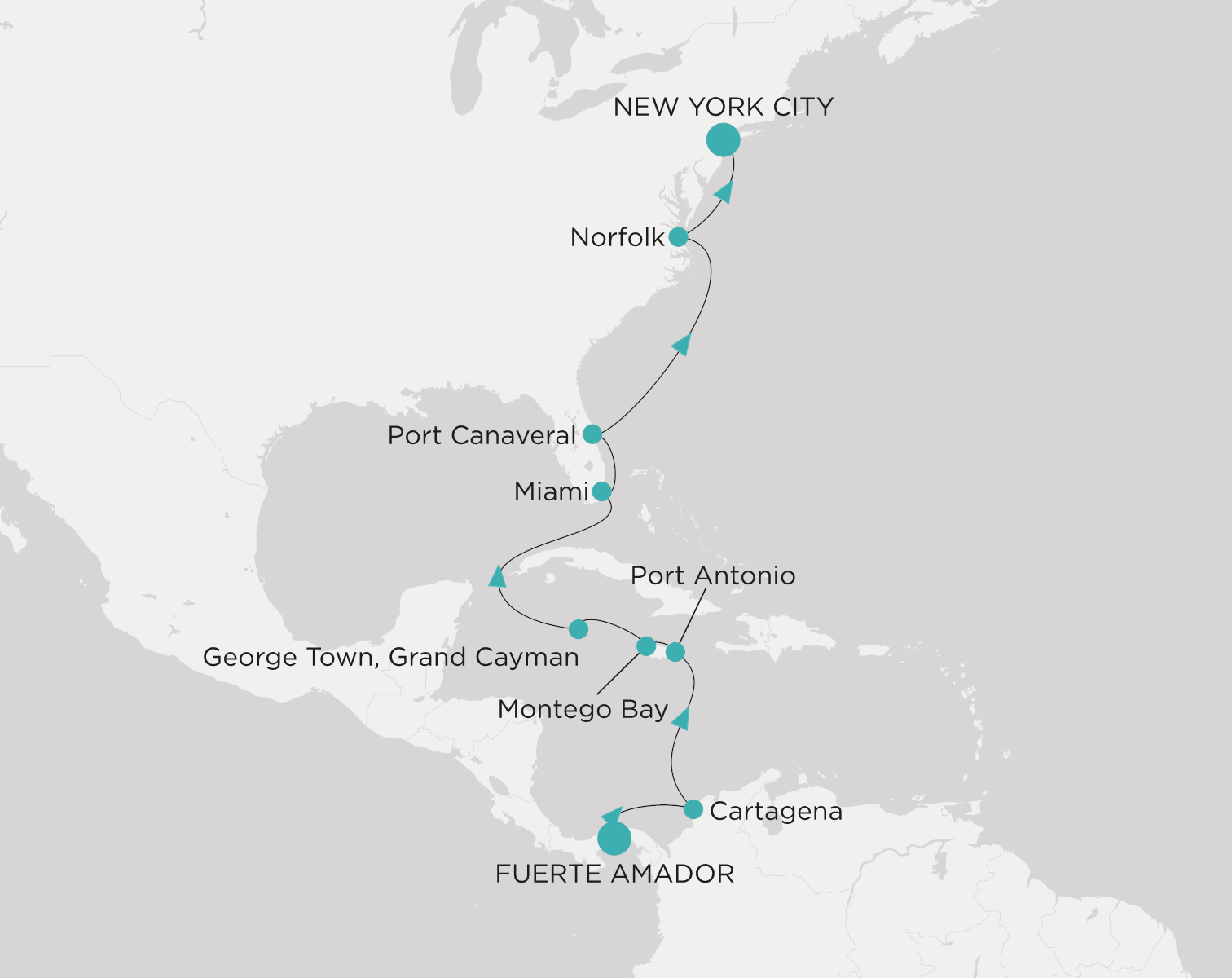 Crystal Serenity voyage CSE-014-270820 itinerary map from Fuerte Amador to New York City