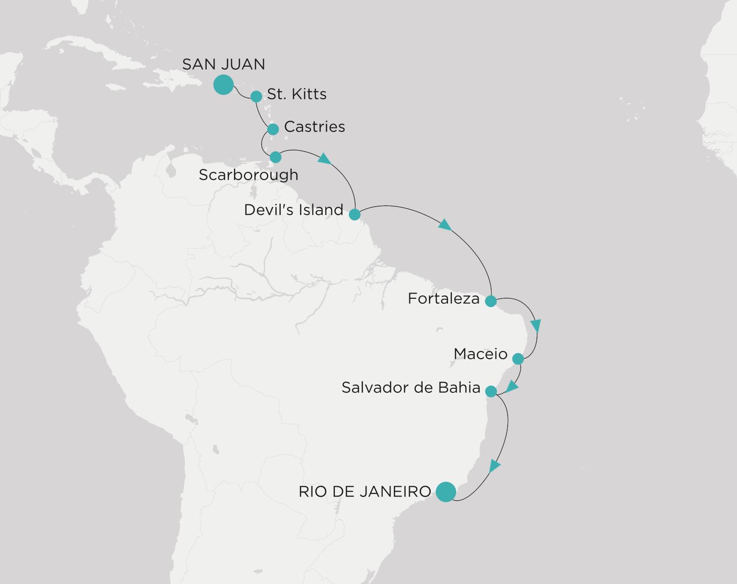 Crystal Serenity voyage CSE-014-271021 itinerary map from San Juan to Rio de Janeiro