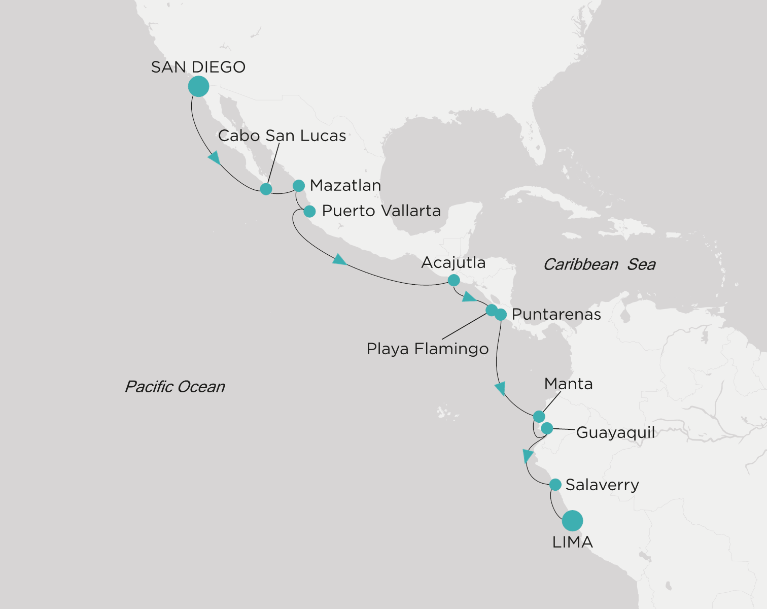 Crystal Serenity voyage CSE-015-270108 itinerary map from San Diego to Callao (Lima)
