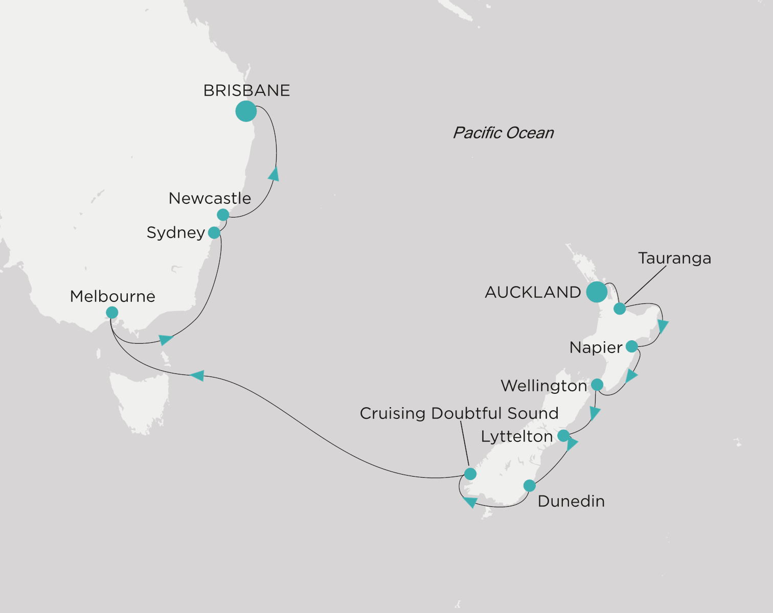 Crystal Serenity voyage CSE-015-270303 itinerary map from Auckland to Brisbane