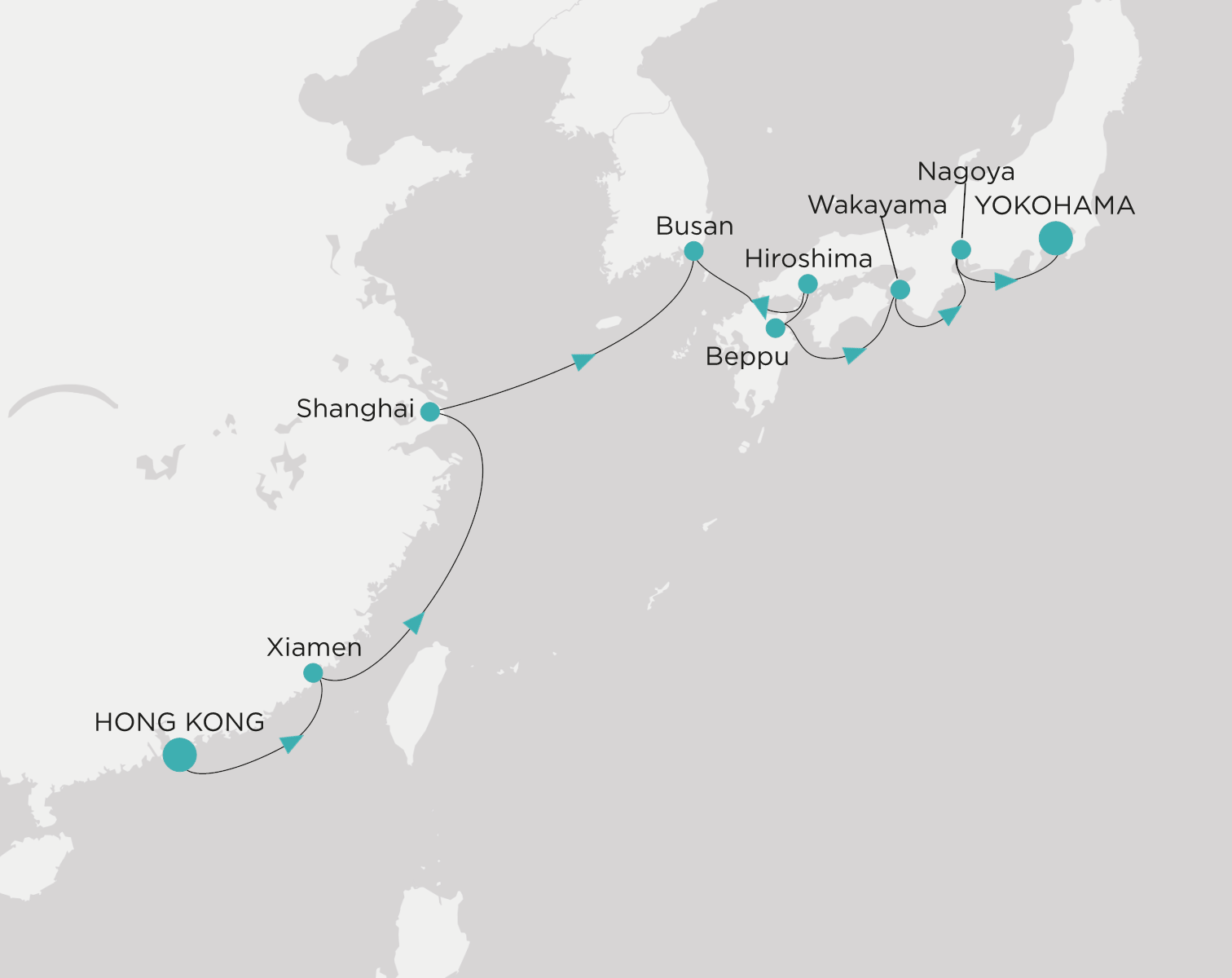 Crystal Serenity voyage CSE-015-270423 itinerary map from Hong Kong to Yokohama (Tokyo)