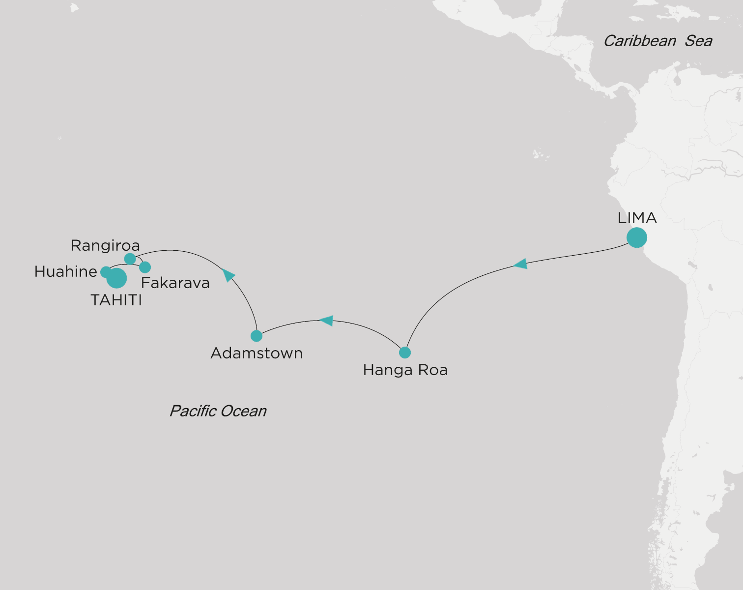 Crystal Serenity voyage CSE-016-270123 itinerary map from Callao (Lima) to Tahiti (Papeete)