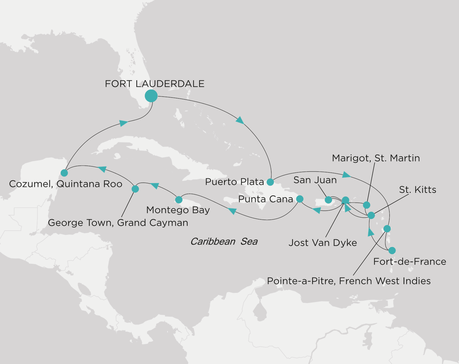 Crystal Serenity voyage CSE-C17-271222 itinerary map from Fort Lauderdale to Fort Lauderdale