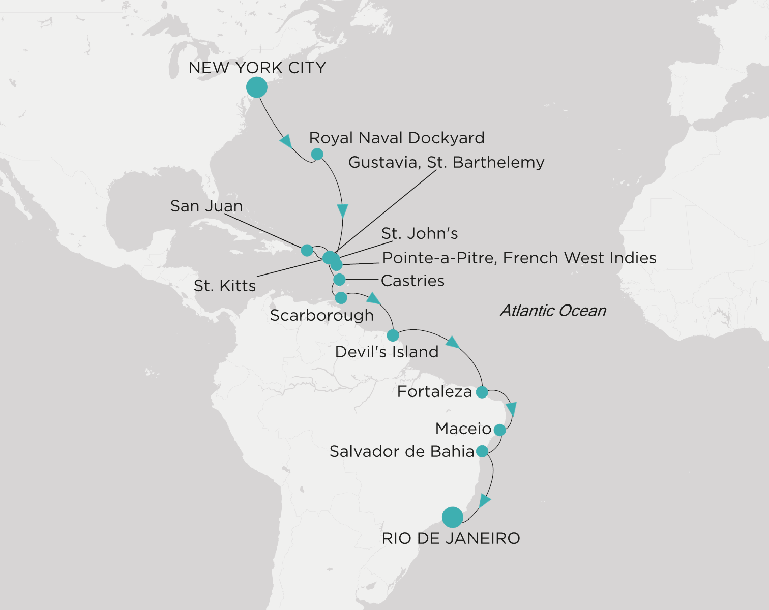 Crystal Serenity voyage CSE-C23-271012 itinerary map from New York City to Rio de Janeiro