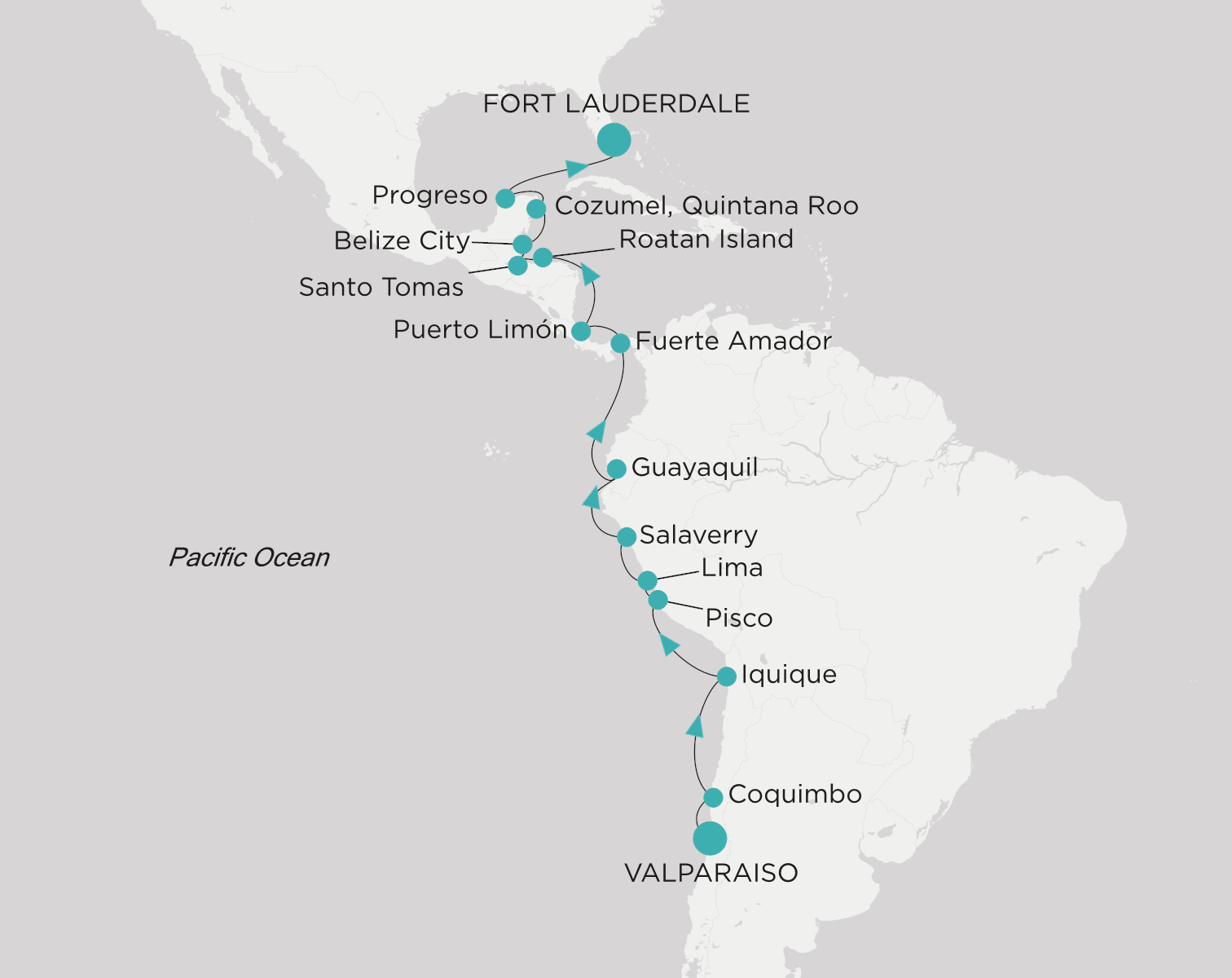 Crystal Serenity voyage CSE-C23-271129 itinerary map from Valparaiso to Fort Lauderdale