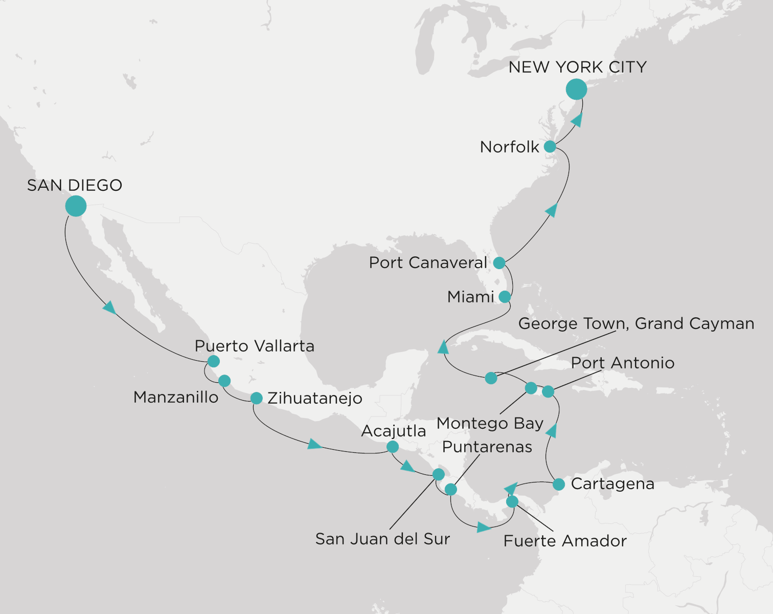 Crystal Serenity voyage CSE-C25-270809 itinerary map from San Diego to New York City