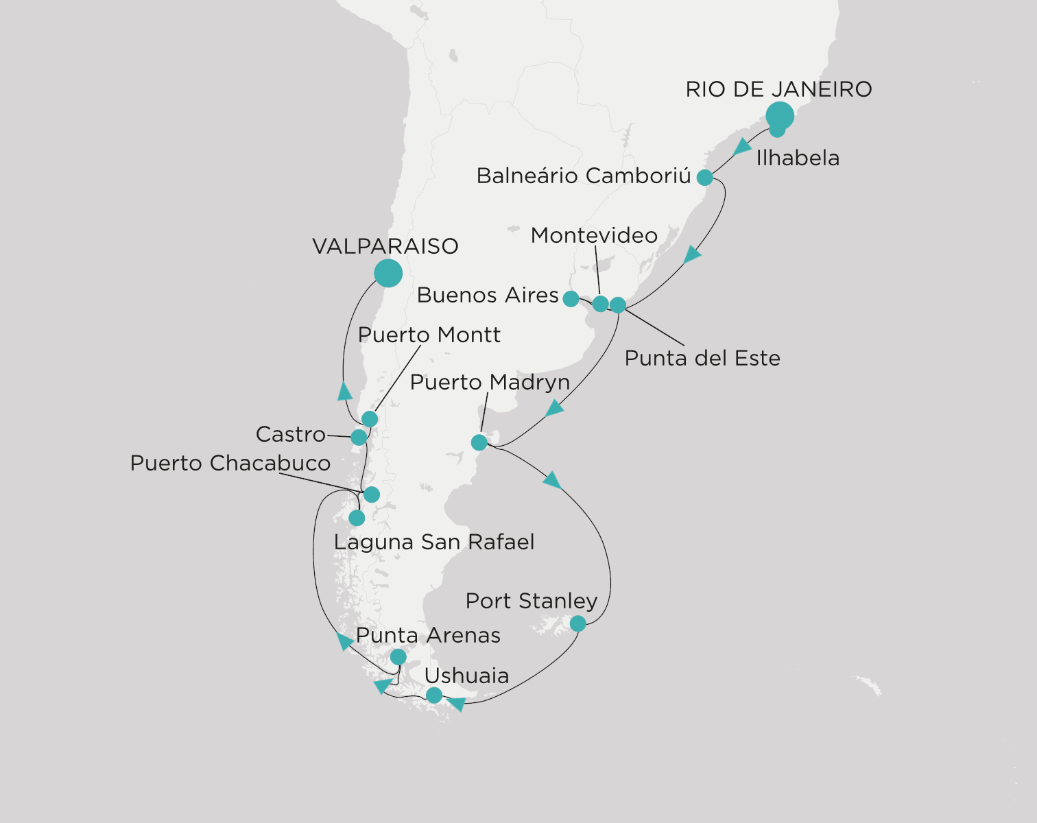 Crystal Serenity voyage CSE-C25-271104 itinerary map from Rio de Janeiro to Valparaiso