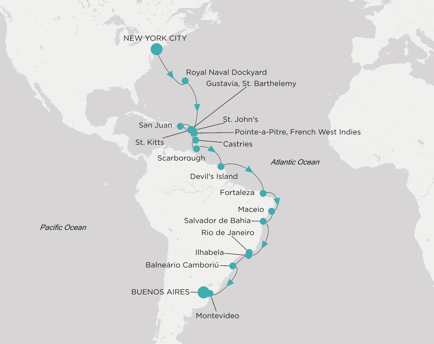 Crystal Serenity voyage CSE-C30-271012 itinerary map from New York City to Buenos Aires