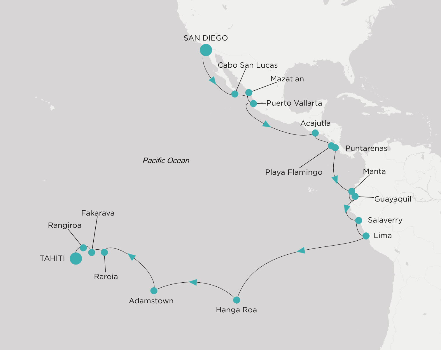 Crystal Serenity voyage CSE-C31-270108 itinerary map from San Diego to Tahiti (Papeete)