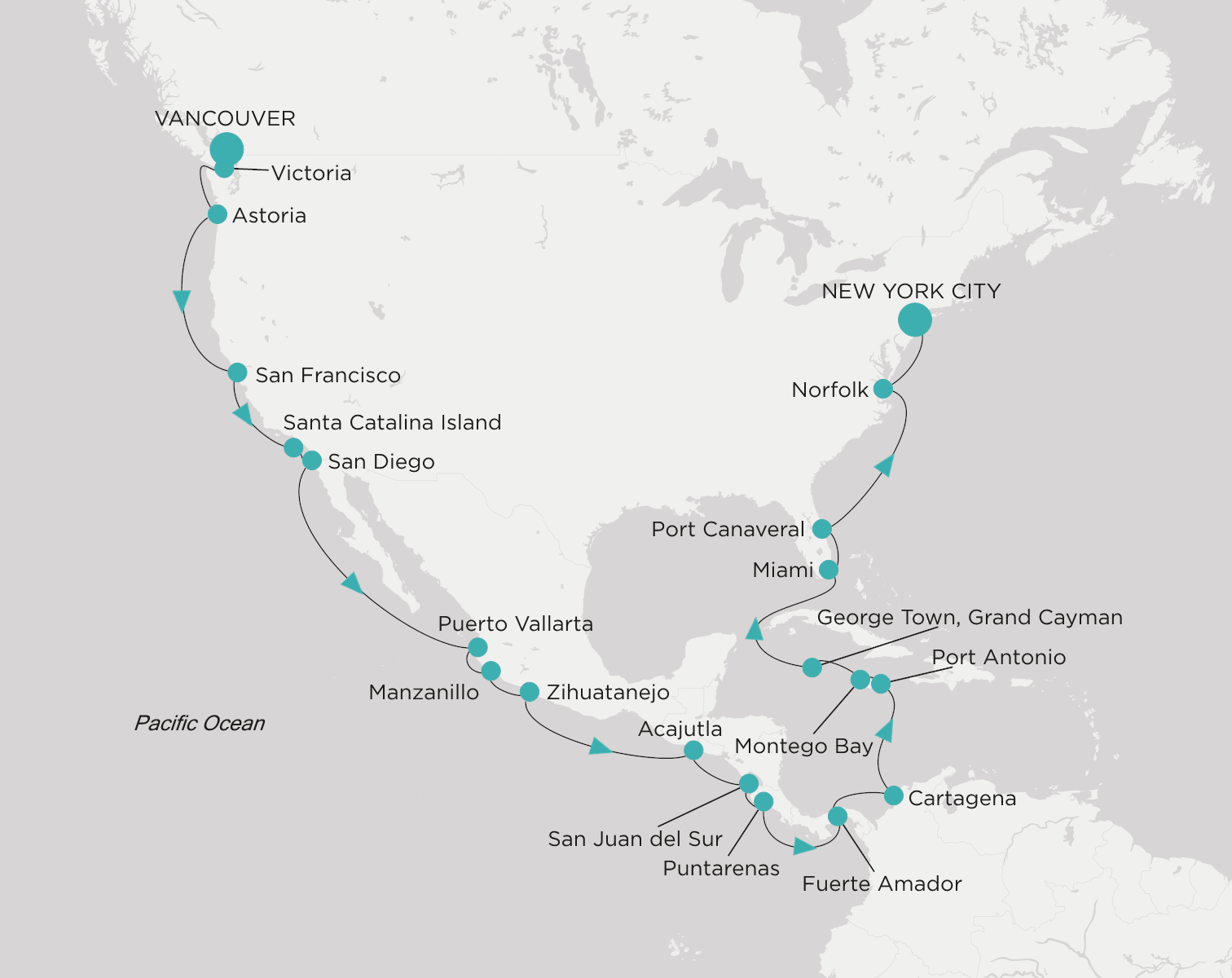 Crystal Serenity voyage CSE-C32-270802 itinerary map from Vancouver to New York City