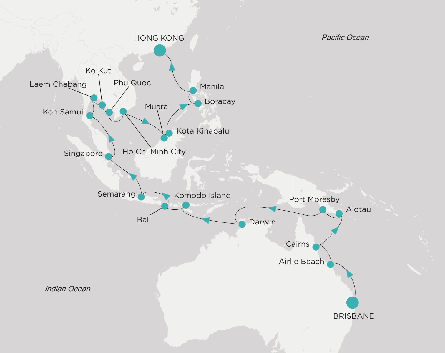 Crystal Serenity voyage CSE-C36-270318 itinerary map from Brisbane to Hong Kong