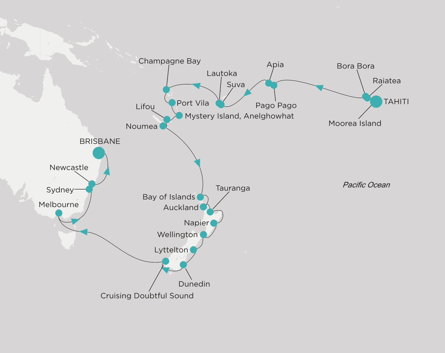 Crystal Serenity voyage CSE-C37-270208 itinerary map from Tahiti (Papeete) to Brisbane