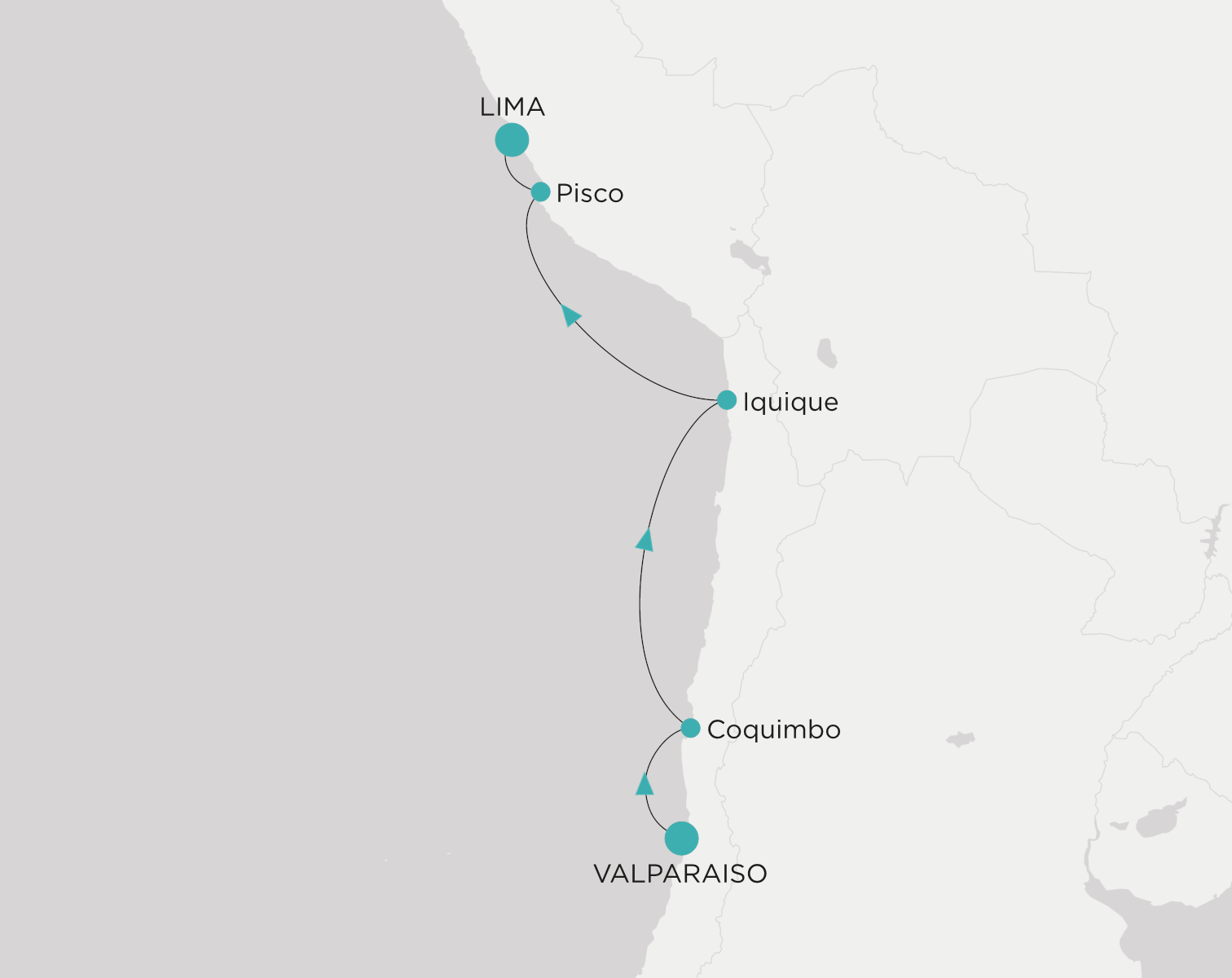 Crystal Serenity CSE-S06-271129 official itinerary map from Valparaiso to Callao (Lima)