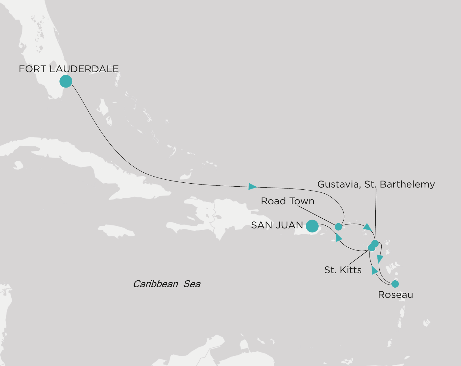 Crystal Serenity voyage CSE-007-280212 itinerary map from Fort Lauderdale to San Juan