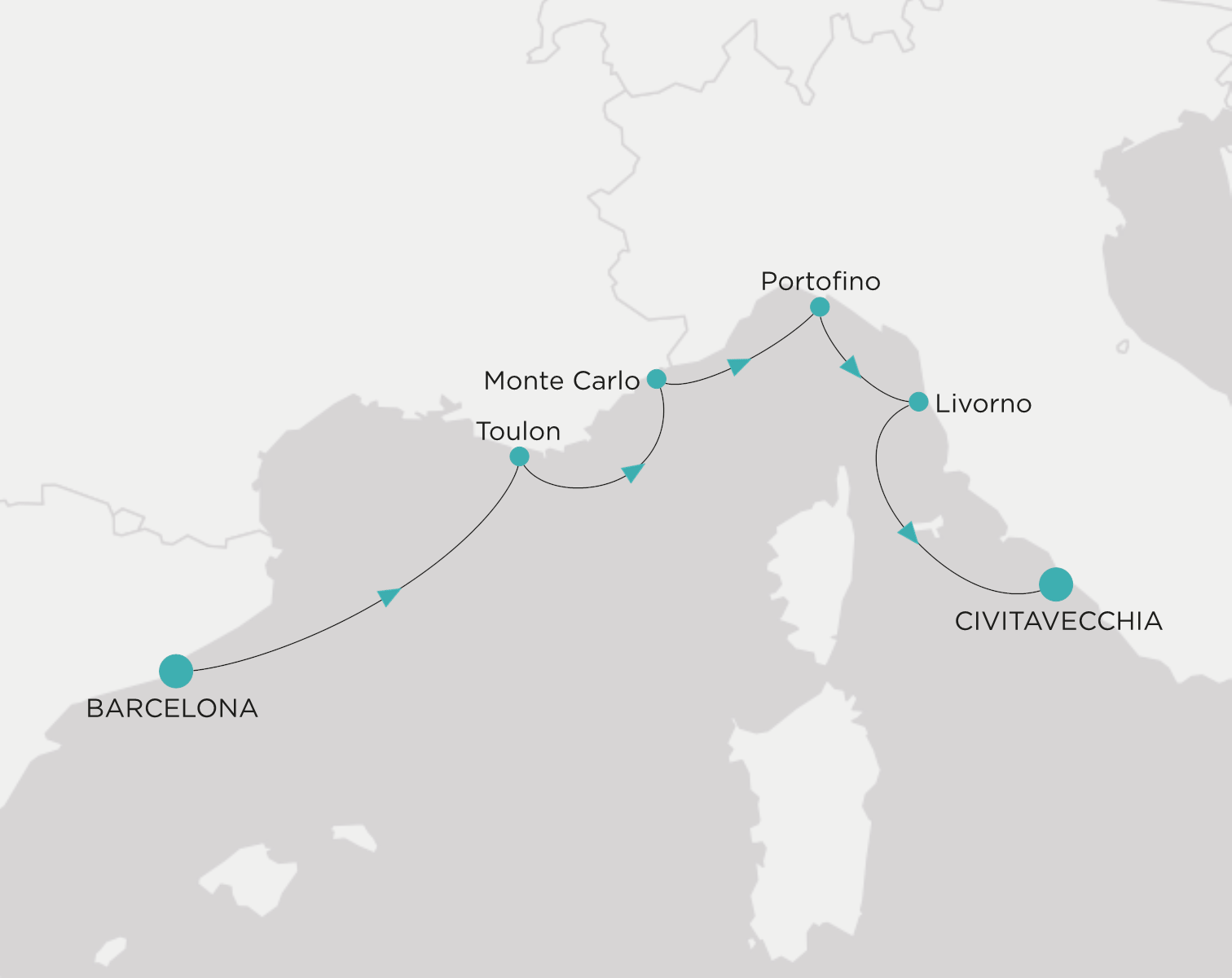 Crystal Serenity voyage CSE-007-281009 itinerary map from Barcelona to Civitavecchia (Rome)