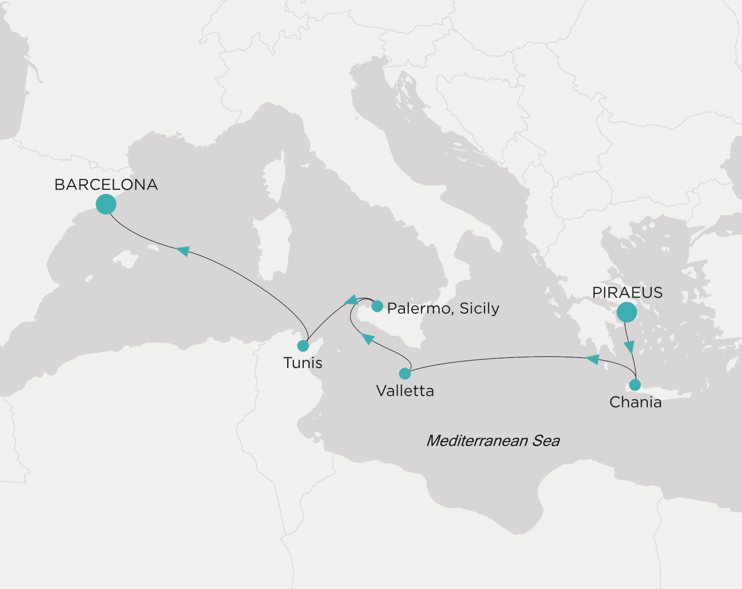 Crystal Serenity voyage CSE-007-281104 itinerary map from Piraeus (Athens) to Barcelona