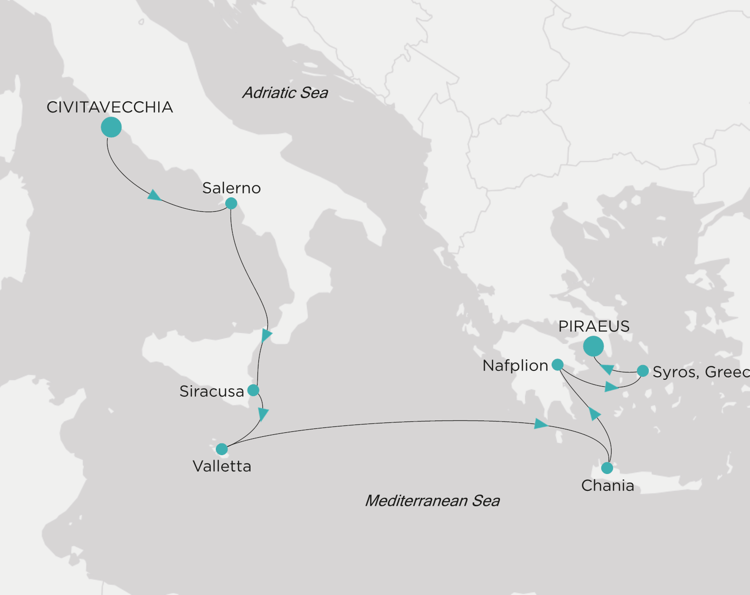 Crystal Serenity voyage CSE-008-280513 itinerary map from Civitavecchia (Rome) to Piraeus (Athens)