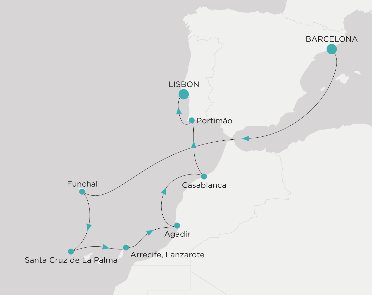 Crystal Serenity voyage CSE-009-281111 itinerary map from Barcelona to Lisbon